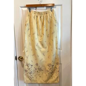 Vintage Erika Linen Cotton Floral Maxi Skirt Yellow Cottagecore Small